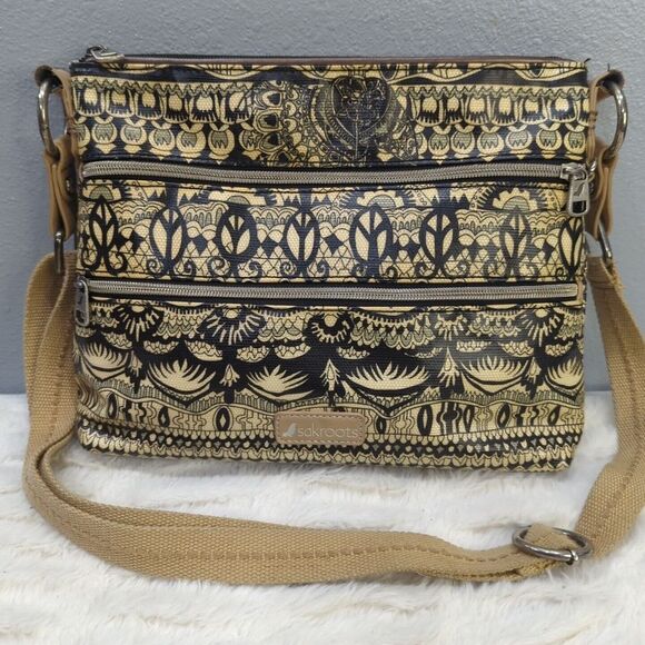 Sakroots Tan And Black Crossbody Bag With‎ Peace Signs & Elephant - Picture 1 of 11